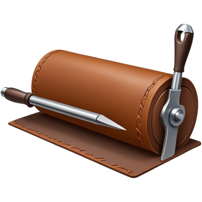 Leatherworking icon, partially unrolled raw leather roll, carving tools like engraver needle or chisel, stamp or press, textured surface, minimalistic style, clean lines, transparent background. emoji
