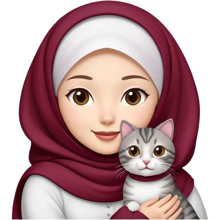 Asian white girl wearing  maroon hijab with white dress holding a black grey tabby cat while smiling emoji