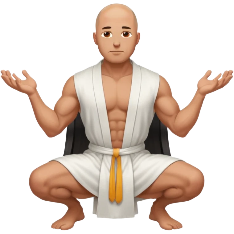 fullbody jacked bald guy, sleeveless and unbuttoned in full white robe sitting without chair and hands down emoji