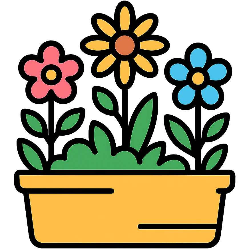 flower bed with wildflowers and leafy greenery, outlined in black, color outline icon style emoji