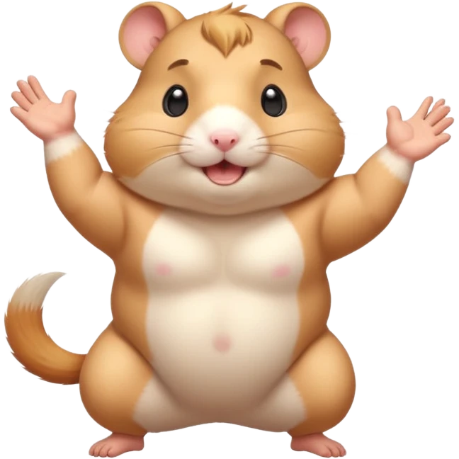 Cute chubby cartoon-style hamster flexing tiny arms like a bodybuilder, sparkles around it, triumphant expression. Painterly shading, white background, sticker-style illustration. emoji
