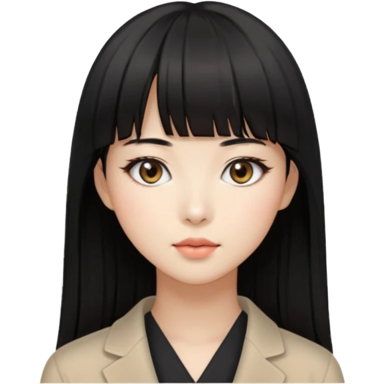 pretty Korean woman, black straight hair with bangs, beige eyes emoji