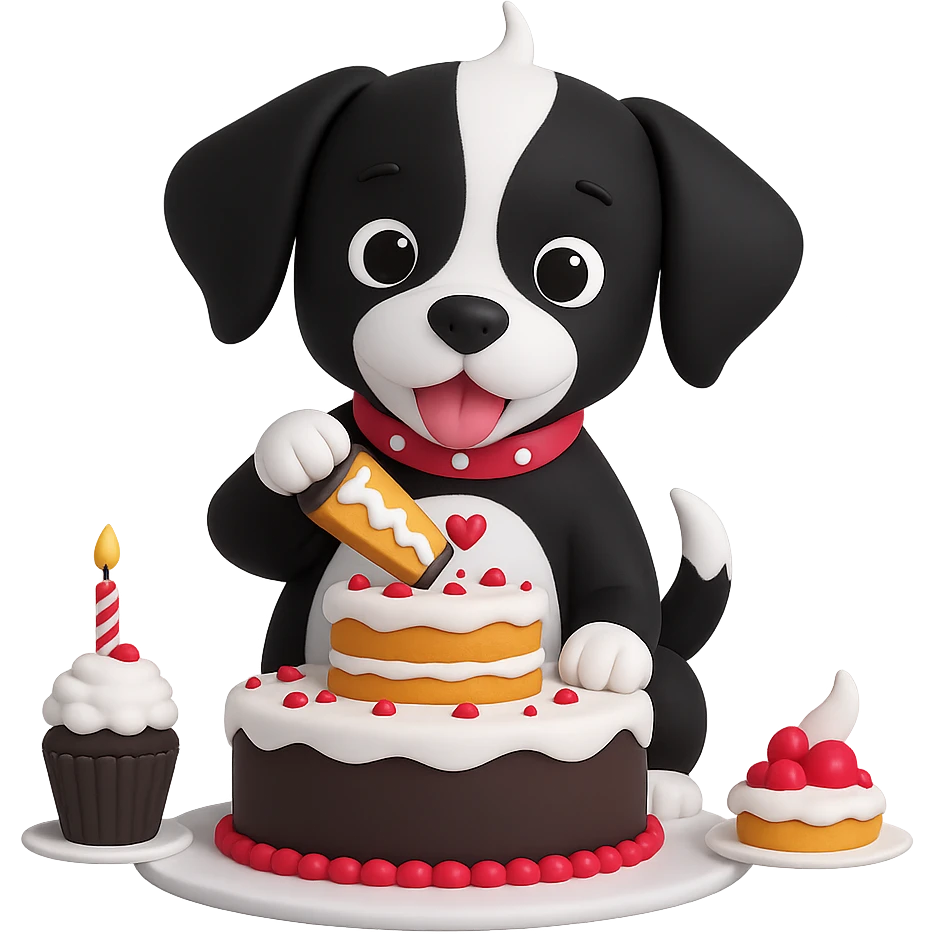 Change the dog's fur color to black and white while preserving the 3D emoji style look. Remove the background. emoji