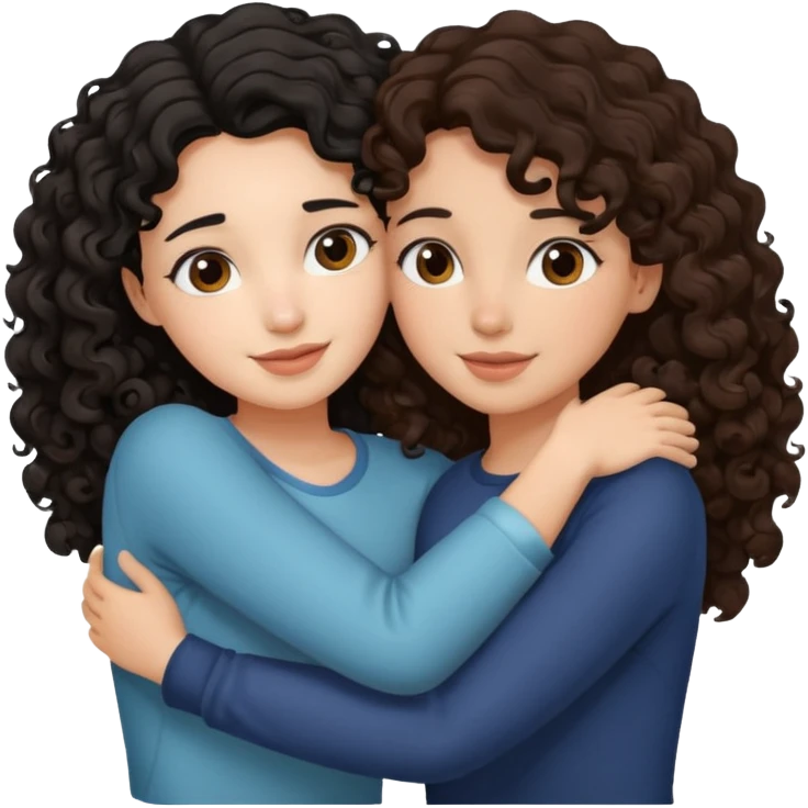 duas meninas lindas uma de cabelo encaracolado e preto e a outra de cabelo castanho ondulado, a darem um abraço de amizade emoji