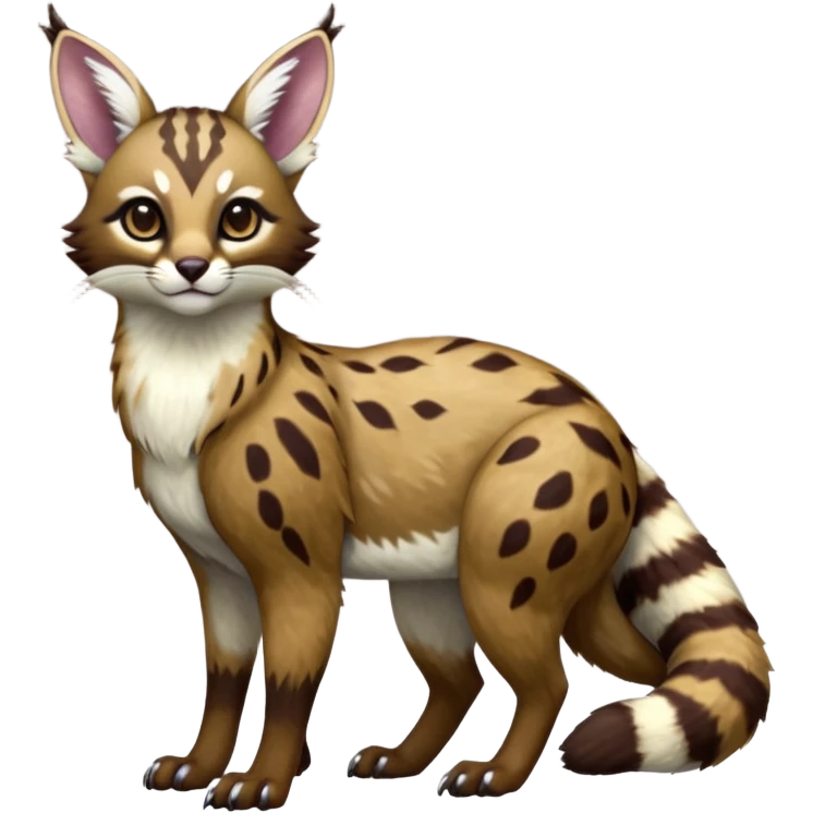 Colorful dark realistic chocolate-brown tropical beige fur glorious divine exotic cute cool beautiful shiny beautiful fantasy-Furret-Eevee-caracal-civet-genet-sergal-vernid-Cacomistle-oncilla-animal-Fakémon-hybrid-fursona with white deer-spots pattern markings (full body) emoji
