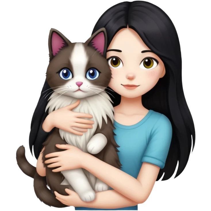Girl with straight black long hair hugging a colorpoint ragdoll plush toy and a tricolor long-haired cat emoji