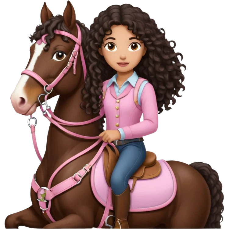 Realistic mixed race girl with long dark brown curly hair, riding a big shire draft horse that’s white with a pink nose wearing pink harness and saddle  emoji