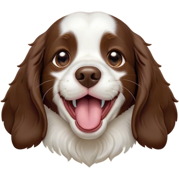 Cinematic Cute Yawning Springer Spaniel Portrait Emoji, Head tilted slightly with a dramatic, wide-open yawn, showcasing a smooth Fur of liver and white with crisp markings, floppy ears slightly drooping, round brown eyes barely open in drowsy contentment, Simplified yet irresistibly adorable features, highly detailed, glowing with a soft, cozy glow, high shine, relaxed yet expressive, stylized with a touch of whimsy, bright and endearing, soft glowing outline, capturing the essence of a sleepy yet affectionate companion, so drowsy it feels like it could stretch right out of the screen and curl up for a nap! emoji