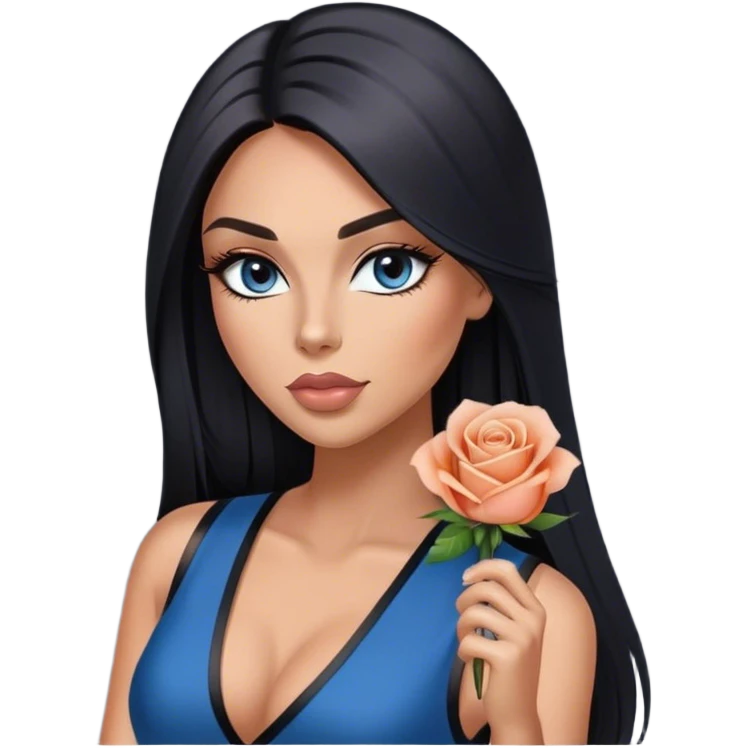 Glamours, tanned, very beautiful girl, with big pump peach-beige-rose lips, long lashes, black straight smooth silky long hair, straight parting hair, blue-grey eyes, black v-neck vest emoji