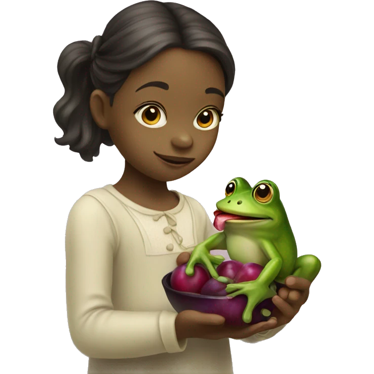 A little girl and a frog mixed together eating a plum emoji