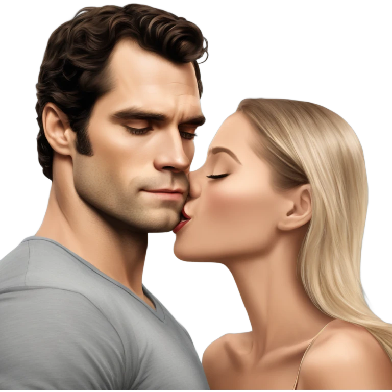 realistic photo of Henry Cavill kissing a beautiful female model while touching her cheek emoji
