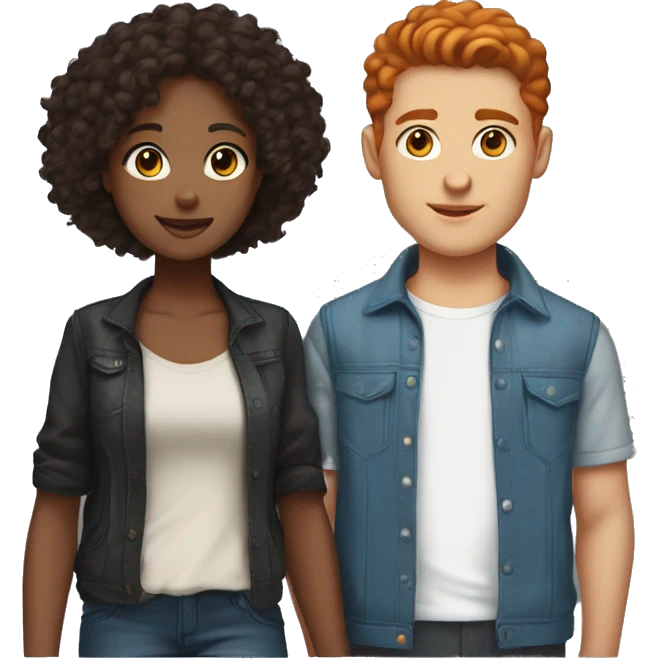 do couples with the girl having short/ medium length red hair and blue eyes, skin not super fair but light and the boy having same skin tone, black curly hair and brown eyes. If emojis of them standing do streetstyle clothing for both.  emoji
