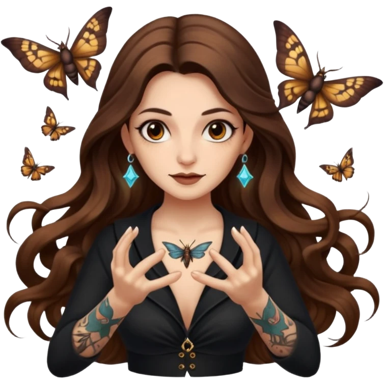 night witch woman long wavy brown hair tattoos spinning moth from fingers emoji
