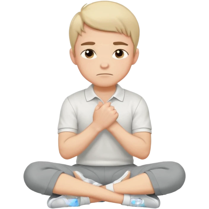 Cartoon boy sitting cross-legged, his fist pressed to his cheek, wearing a white polo and gray pants. He has a smug smirk, eyes looking forward. Clean lines, flat colors, solid black background, vector art, character sheet style. emoji