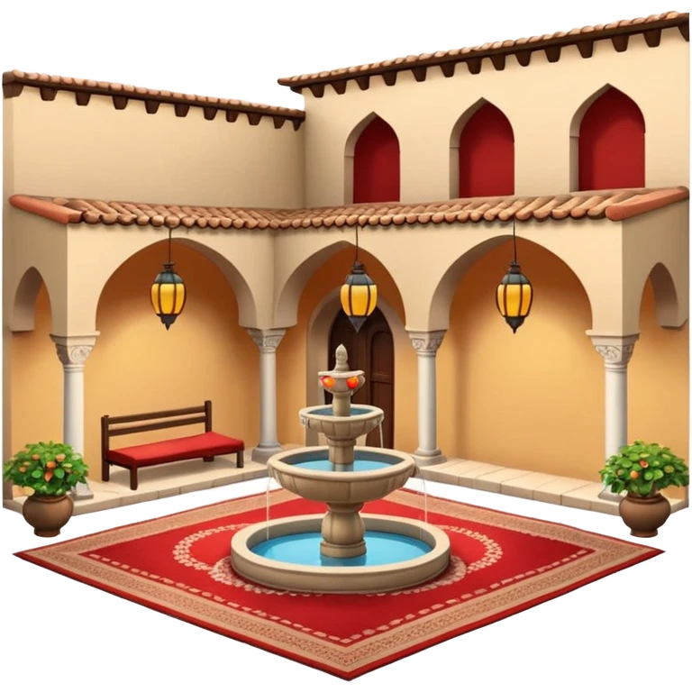3D Apple-style emoji of a Turkish han courtyard. Square courtyard, small fountain, low arches, hanging lanterns, stacked carpets. Rounded, glossy, soft shadows, bright daylight, white background.





 emoji