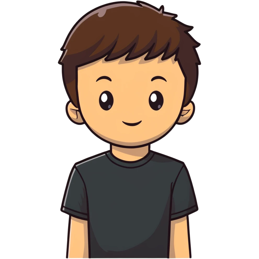boy with straight short brunette hair brown eyes black tshirt on and tree behind emoji