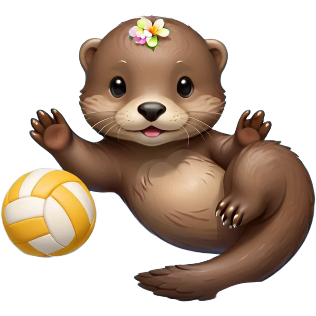super cute baby otter with a tiny colorful flower on its head, floating on VERY CLEARLY VISIBLE blue water with prominent waves and ripples all around, baby otter with gentle expression holding a volleyball with both small paws above the obvious water emoji