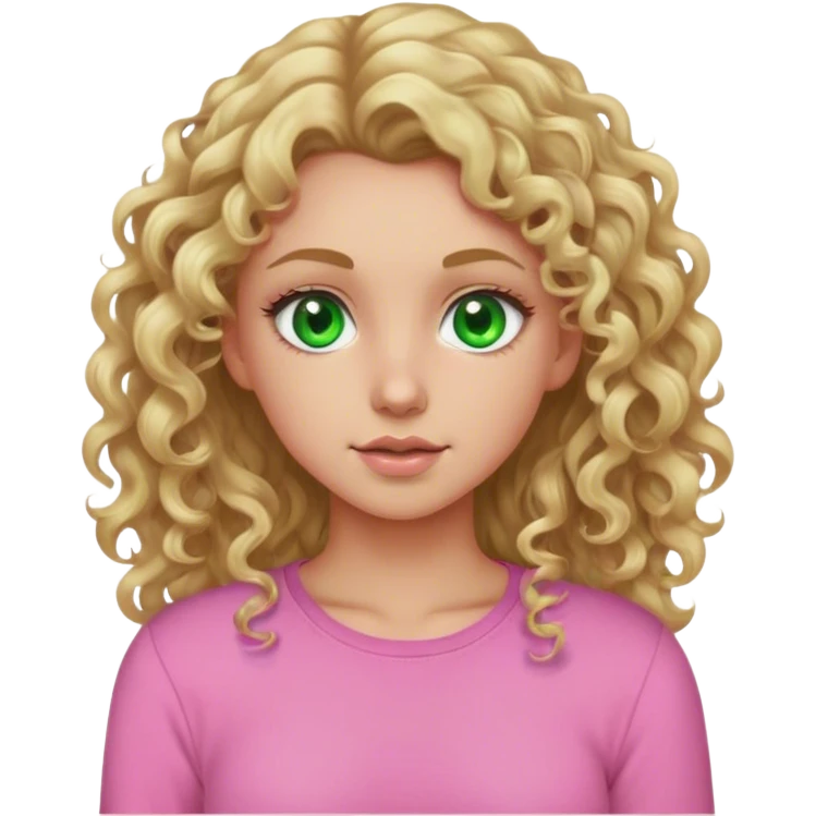 Blonde girl with dirty blonde curly long hair in a pink long sleeve shirt with green eyes portrait emoji