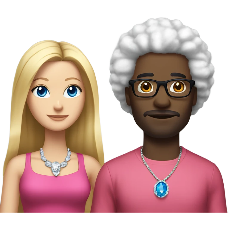 “black man with black afro and glasses and wearing a red shirt standing next to a white woman with long blonde hair with blue eyes wearing a pink dress and a big diamond necklace” emoji
