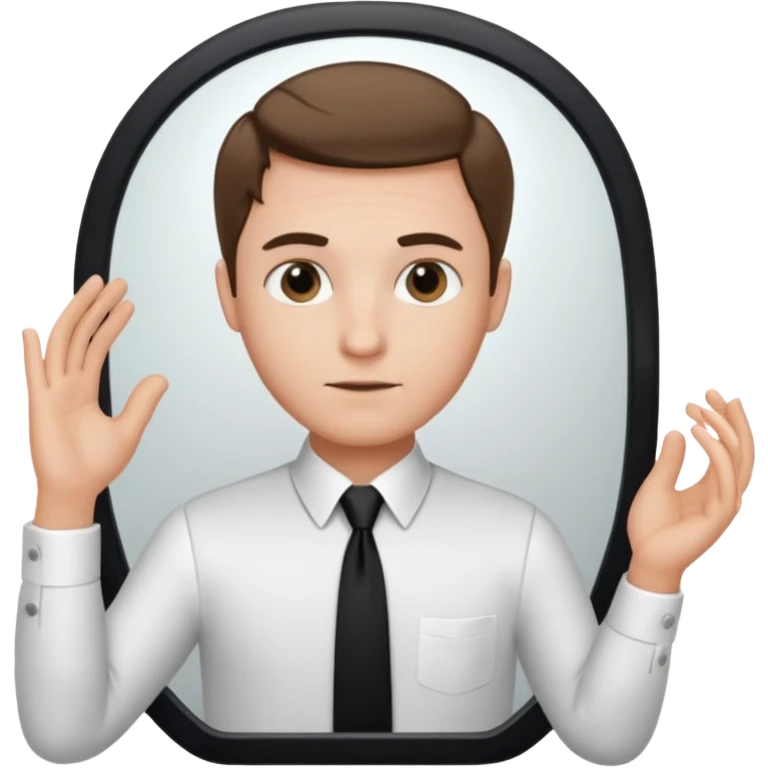 A man looking into a mirror holding his hand. He should be facing the mirror. He should be wearing a white dress shirt and a black tie. emoji