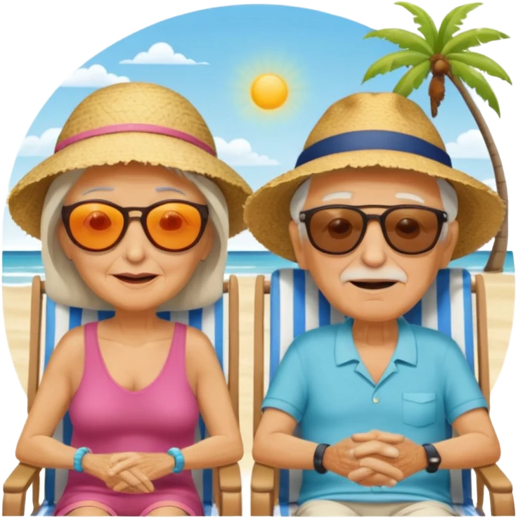 an emoji that shows elderly one woman and one man, both are retired and are lying in sun-chairs at the beach to recover from retiring-stress emoji