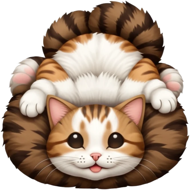 dark brown tabby and white small cat in funny positions upside down with eyes closed emoji