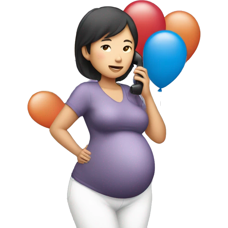 Pregnant Asian woman calls on the phone with balloons in her hands emoji