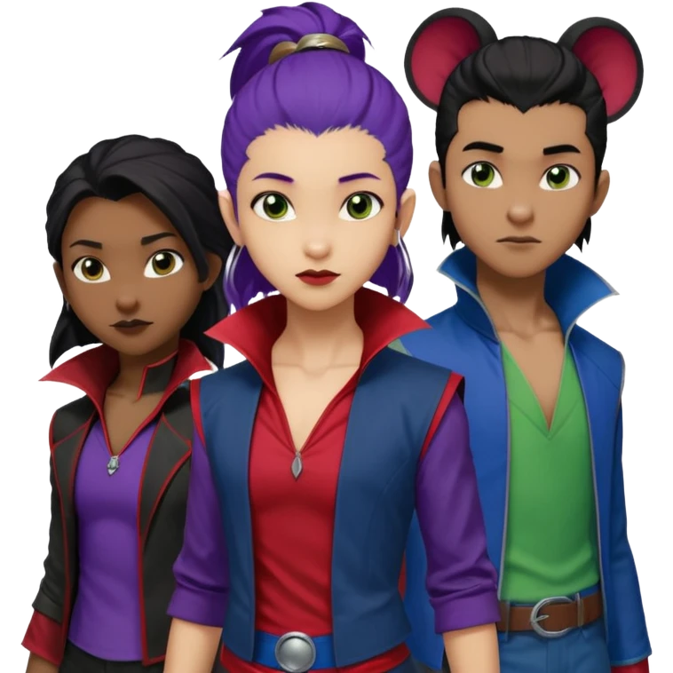 Solo poly platonic relationship, one African girl, one Asian boy, one biracial features Asian tomboy girl rat-tail hair long and upper masculine hair 90s, vampire and marvel cosplay elements inspired  use marvel race, like instead of obvious human, green purple blue etc,  emoji