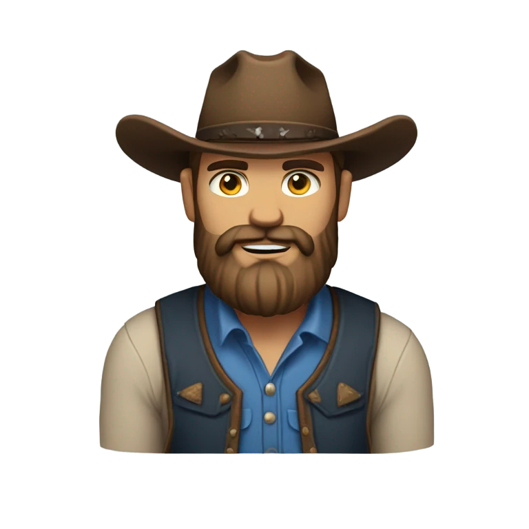a rugged cowboy with a thick beard, wearing a blue vest over a classic western shirt. He should have a confident stance, showing full torso emoji