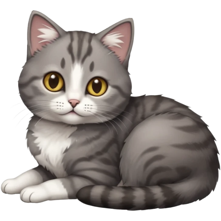 full body tiny short hair dark grey and white cat with hazel eyes lying down emoji