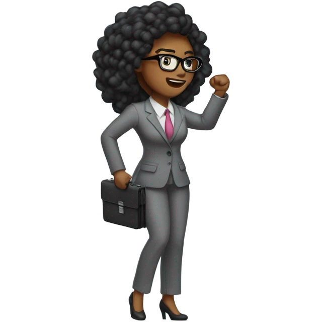 Sexy black female with glasses, a Grey flannel suit, and a briefcase fighting for women's rights fist in the air! emoji