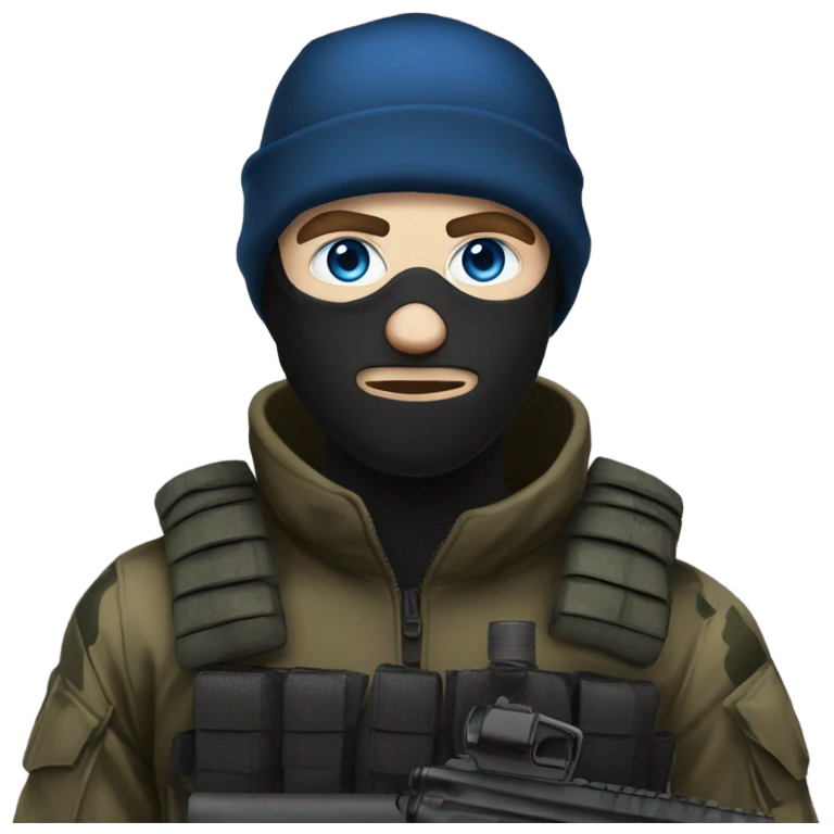 male, pale skin, face mask, camo tactical gear, combat boots, black beanie, blue eyes emoji