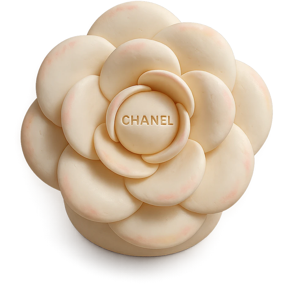 white Chanel camellia flower cake in fondant cake art style, pastel accents, delicate and elegant emoji