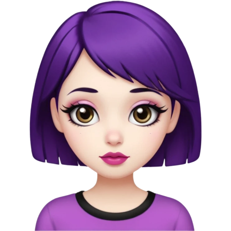 Pretty girly girl,white skin,short black and a little purple hair,big eyes with long eyelashes,big pink cheeks,medium full pink lips, medium nose a little crooked,wear a black short,thick short brown eyebrows emoji