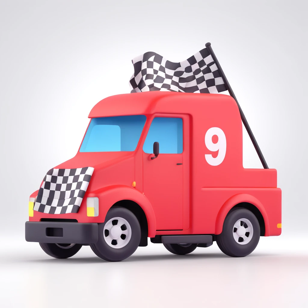 race truck with a checkered flag background, 3D style emoji