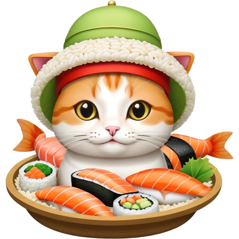 cat wearing a hat with a rice base, multiple fish pieces on top, and wasabi accent, sushi hat emoji