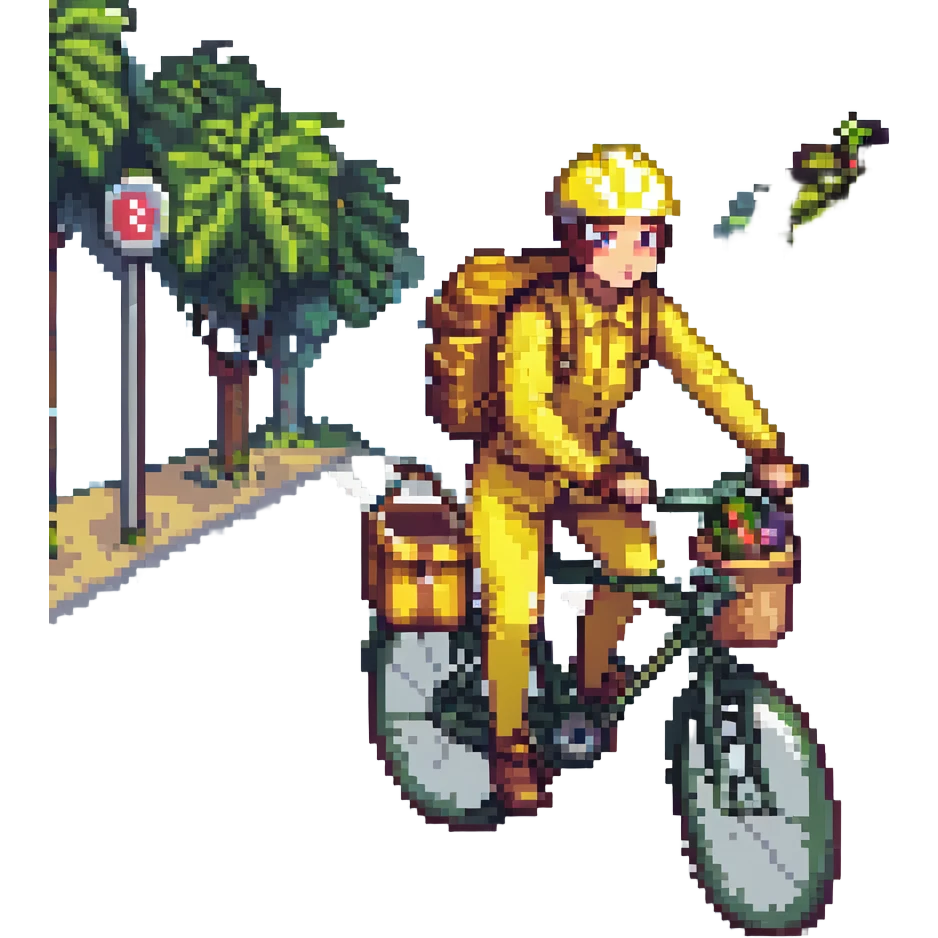 A courier on a yellow bicycle wearing yellow clothes, riding from left to right emoji