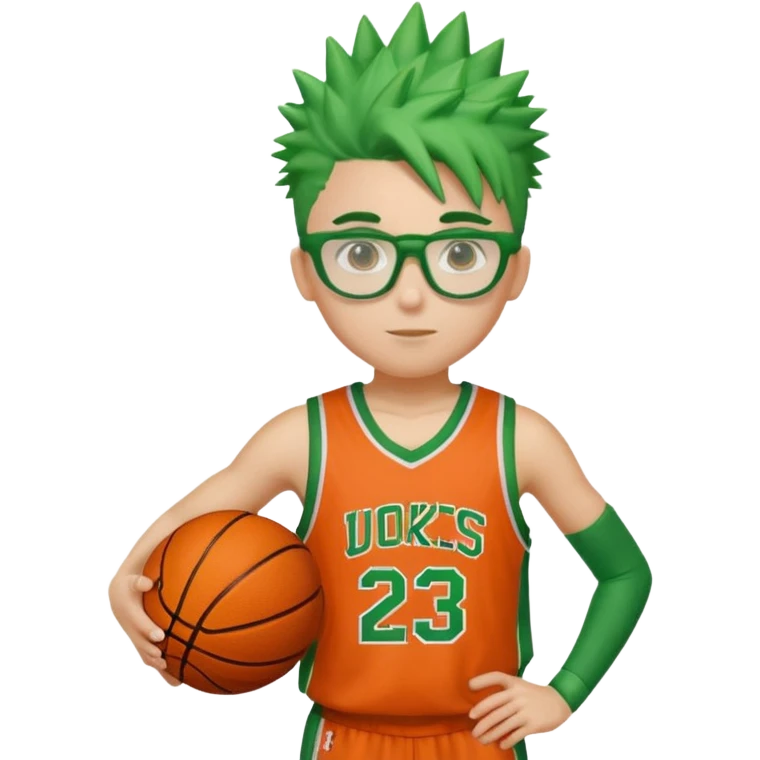Green-Haired Athlete – Green spiky hair, orange basketball uniform, glasses, holding ball.


 emoji