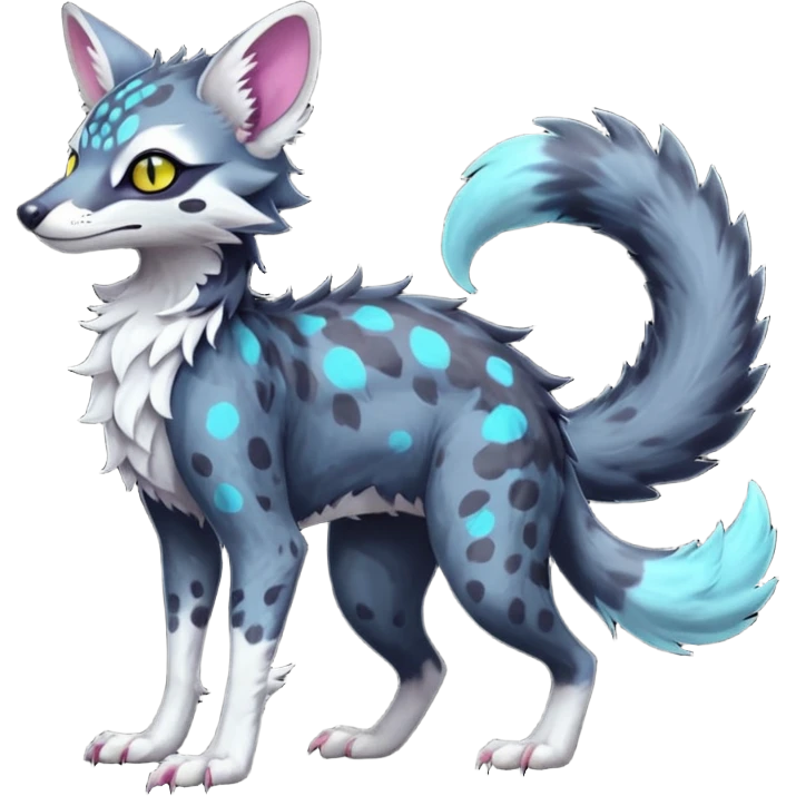 Feral Rare Fantasy dark colorful Vernid-Sergal-Genet-Trico-species by LiLaiRa, random markings, tufted tail, tufted ears, full body emoji