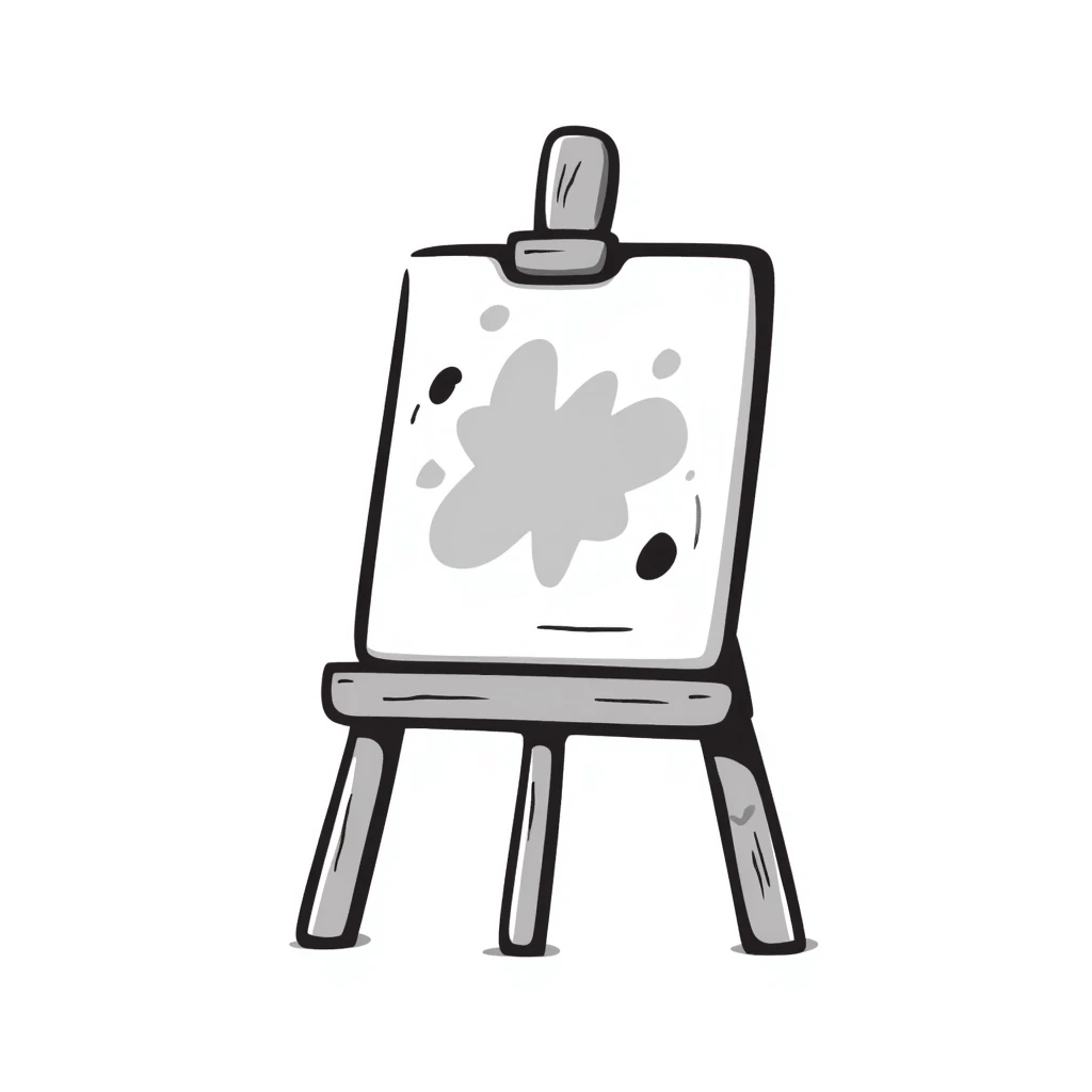 A wooden artist easel/painter's easel with a canvas in pastel colors (dd9fb0, ffc6d3, a3bfc9, c4bee2, f1b091), hand-drawn doodle style emoji