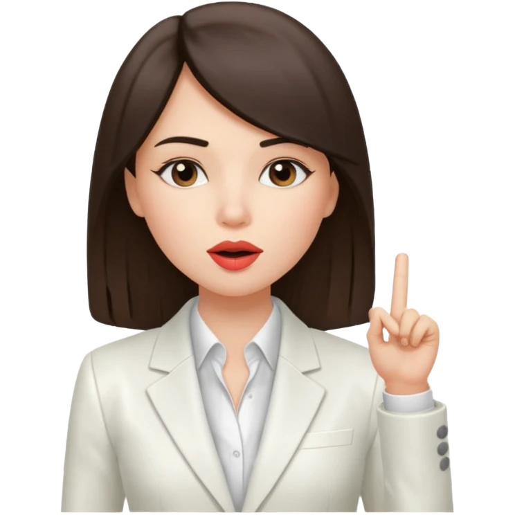 brunette girl wearing a white suit, with straight hair, making a "be quiet" gesture emoji