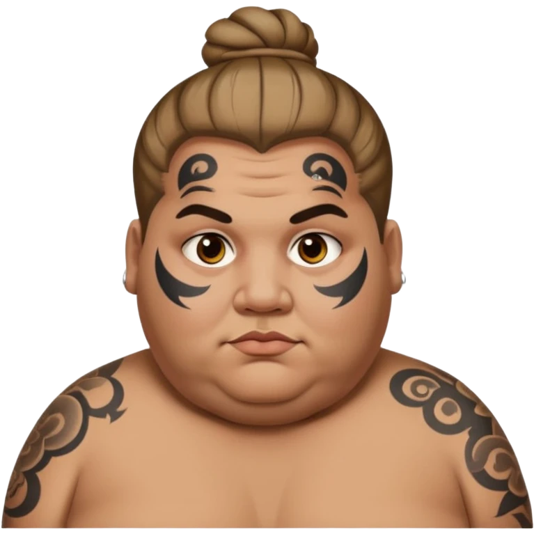 obese man with lots of face tattoo and hair bun emoji