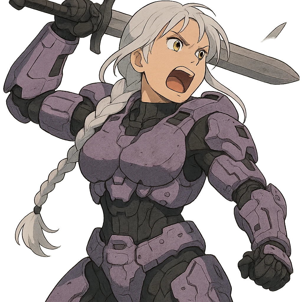 female, wearing reach spartan armor default, long white braid hair, gold yellow eyes, attention pose, HALO:series, no helmet, the armor is lavender color scheme, shoulder pad off. DDD bust size fitting. Punk gothic cyberpunk, brandishing a sword, preparing to swing and yelling emoji