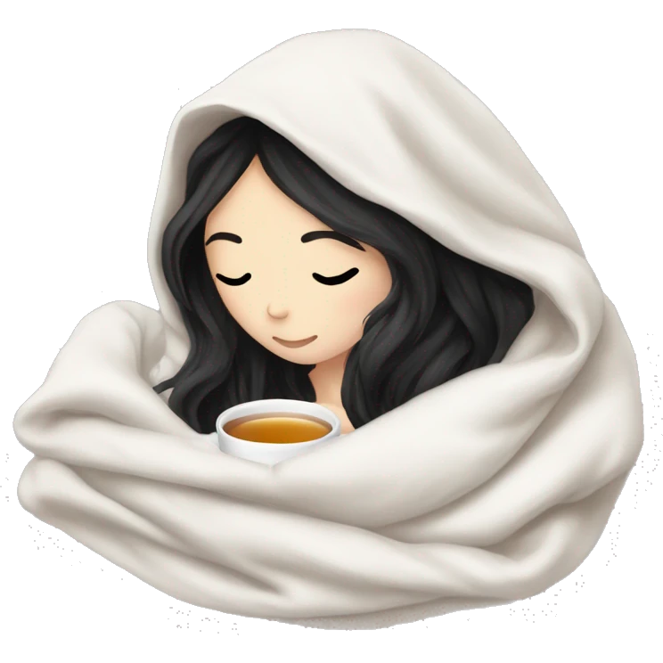 Pale Girl with black hair cozy in a white blanket seeping tea  emoji