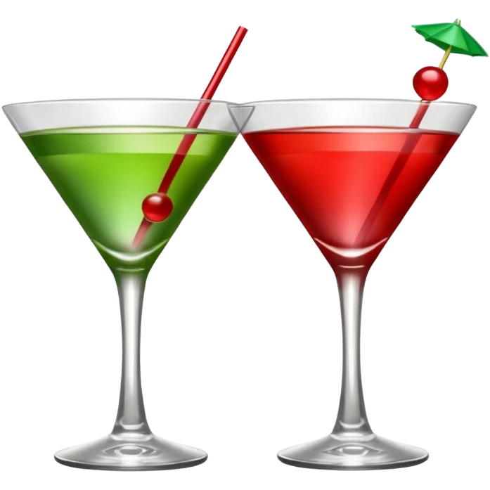 two realistic glasses of cocktail in emoji style, one is red color and one is green, martini glass shape, no straw, no fruit, no ice, no Cocktail sticks emoji