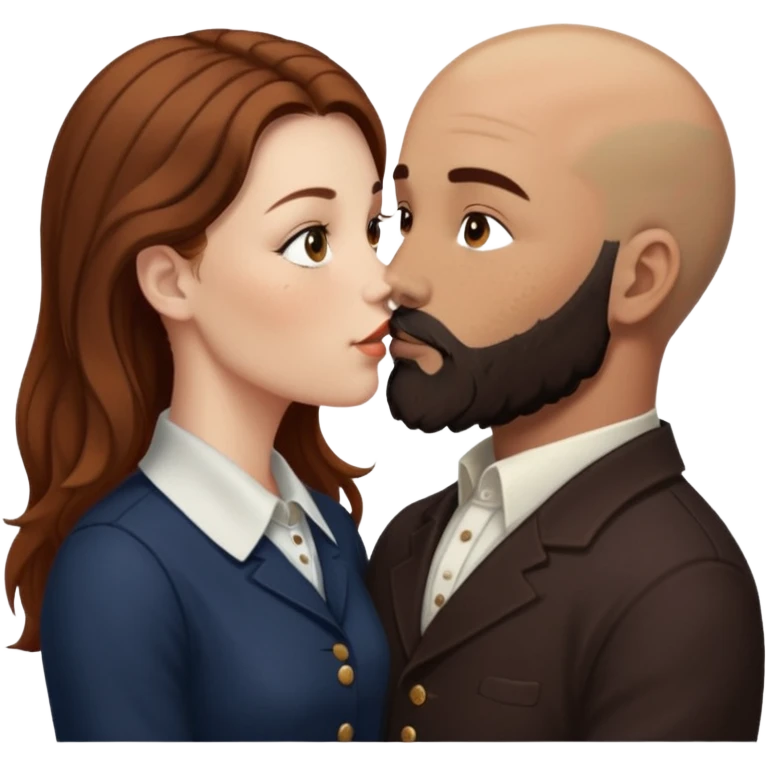 Couple. Bald man with dark brown-black beard. White woman with many small, faded freckles, she has white skin and she has auburn-brown-cinnamon, dark long hair. She has light brown eyes. The man have hazel eyes. She have light eyes. Retro style. She kisses him. Dark akademia. emoji