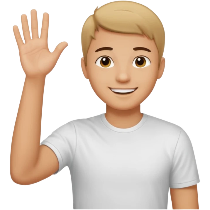 joven trigueño corte de pelo muy cortito polera blanca sonrisa bonita saludando mano arriba emoji