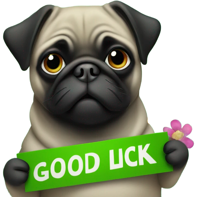 Black pug , surrounded by flowers, holding a green sign that says “good luck”  emoji