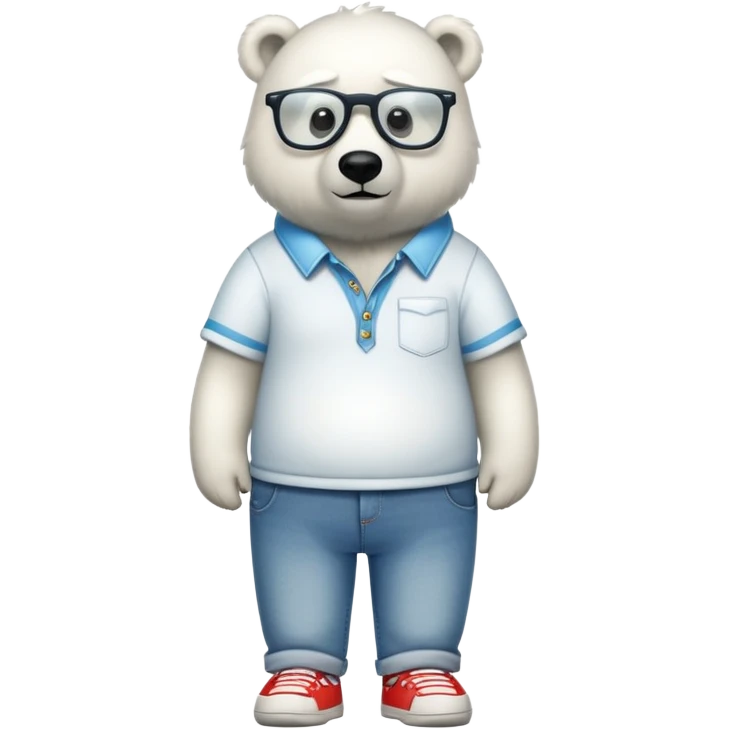 friendly anthropomorphised polar bear standing upright, looking relaxed, wearing a shirt, jeans, trainers, extravagant glasses emoji