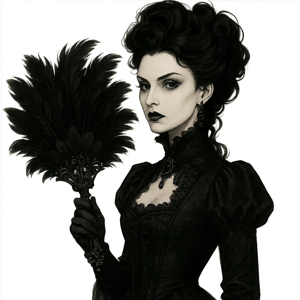 Aristocrat goth fan, black feathers, ornate handle, dramatic style emoji